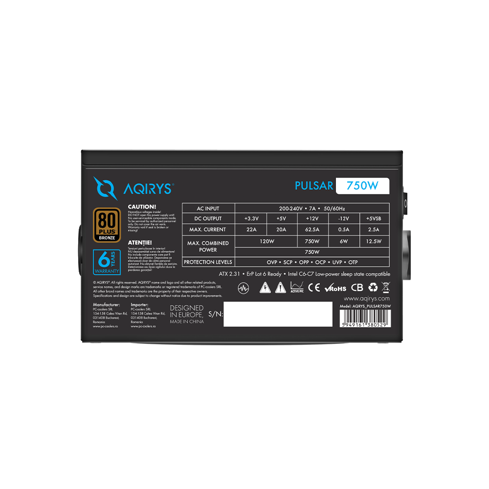Zasilacz do komputera PULSAR 750W 80 Plus Bronze ATX czarny